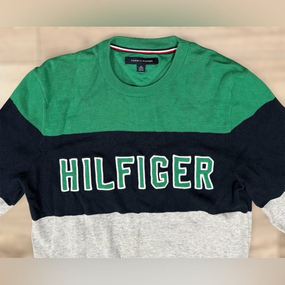 Tommy Hilfiger Logo Sweater Long Sleeve Green Blue Gray XS Preppy Swag - Picture 6 of 8